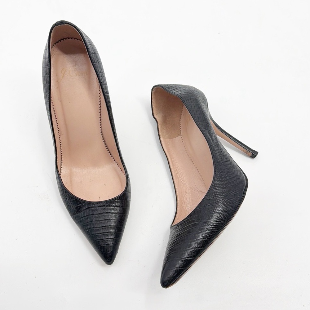 J. Crew black leather Elsie pumps size 7 snakeskin pointed toe